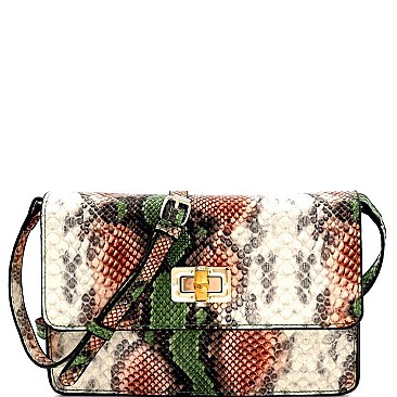 SNAKE PRINT BAMBOO TURN LOCK ACCENT CROSS BODY