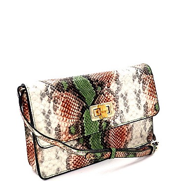 SNAKE PRINT BAMBOO TURN LOCK ACCENT CROSS BODY