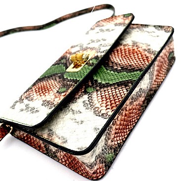 SNAKE PRINT BAMBOO TURN LOCK ACCENT CROSS BODY
