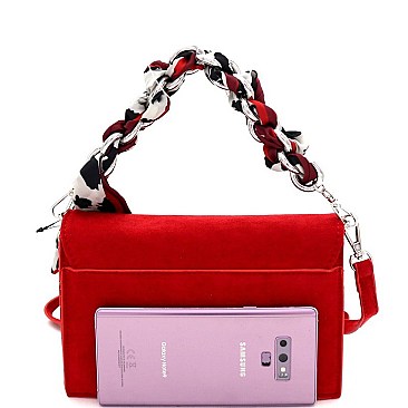 MEDIUM SCARF CHAIN ACCENT FELT-SUEDE SATCHEL