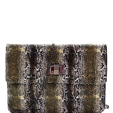 OVER SIZED SEQUIN SNAKE PRINT FLAP CLUTCH