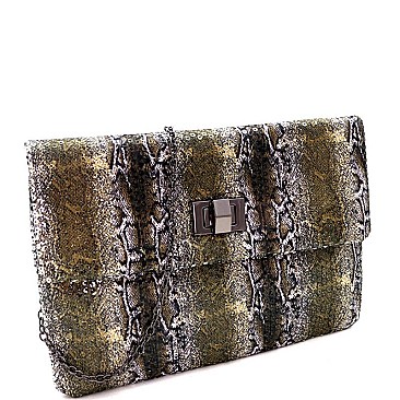OVER SIZED SEQUIN SNAKE PRINT FLAP CLUTCH