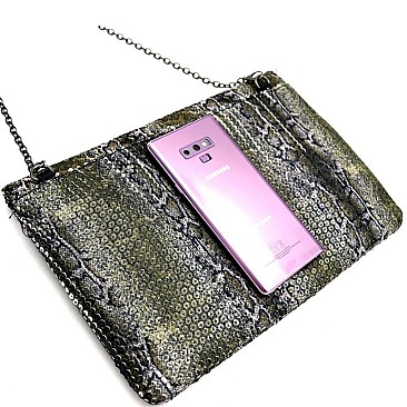 OVER SIZED SEQUIN SNAKE PRINT FLAP CLUTCH