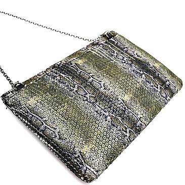 OVER SIZED SEQUIN SNAKE PRINT FLAP CLUTCH