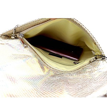 GLOWING SNAKE PRINT GRID ENVELOPE CLUTCH