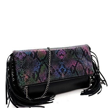 METALLIC SNAKE PRINT FOLD-OVER CLUTCH SHOULDER