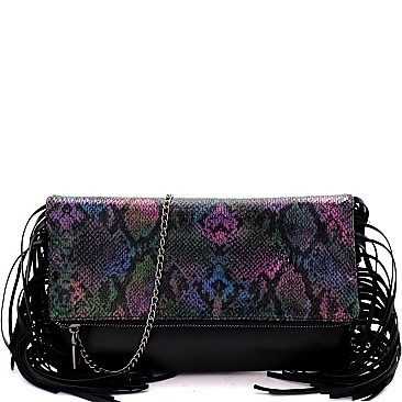 METALLIC SNAKE PRINT FOLD-OVER CLUTCH SHOULDER