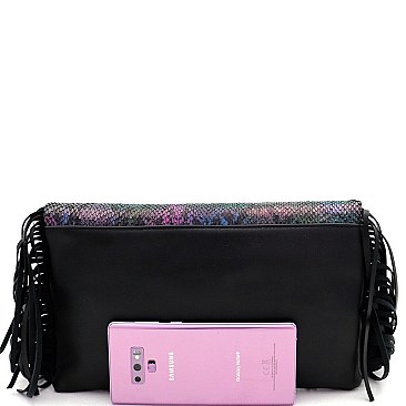 METALLIC SNAKE PRINT FOLD-OVER CLUTCH SHOULDER