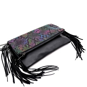 METALLIC SNAKE PRINT FOLD-OVER CLUTCH SHOULDER