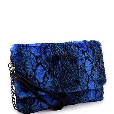 Large Flap Faux-Fur Snake Print Clutch Shoulder Bag