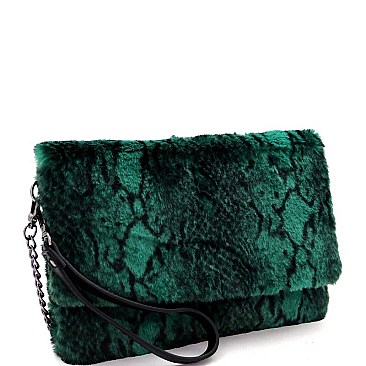 Large Flap Faux-Fur Snake Print Clutch Shoulder Bag