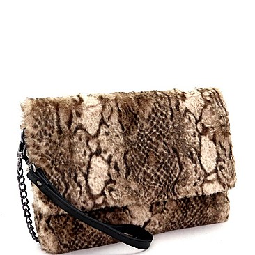 Large Flap Faux-Fur Snake Print Clutch Shoulder Bag