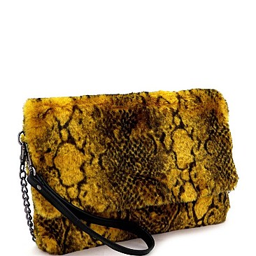 Large Flap Faux-Fur Snake Print Clutch Shoulder Bag