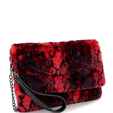 Large Flap Faux-Fur Snake Print Clutch Shoulder Bag