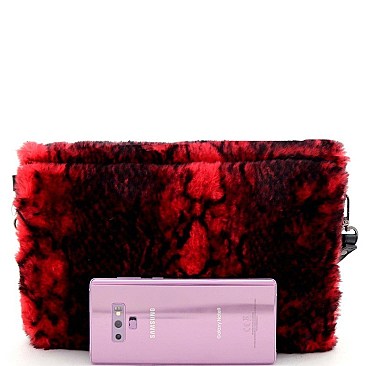Large Flap Faux-Fur Snake Print Clutch Shoulder Bag
