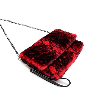 Large Flap Faux-Fur Snake Print Clutch Shoulder Bag