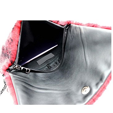 Large Flap Faux-Fur Snake Print Clutch Shoulder Bag