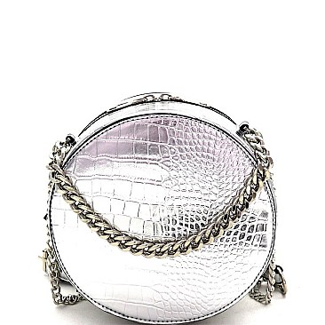 2-Way Medium Crocodile Print Chain Accent Round Satchel