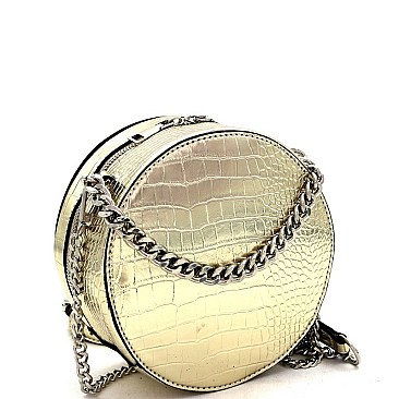 2-Way Medium Crocodile Print Chain Accent Round Satchel
