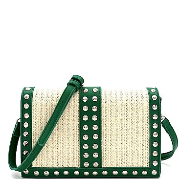 Woven Straw Cone Stud Accent Flap Shoulder Bag