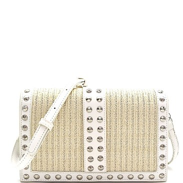 Woven Straw Cone Stud Accent Flap Shoulder Bag