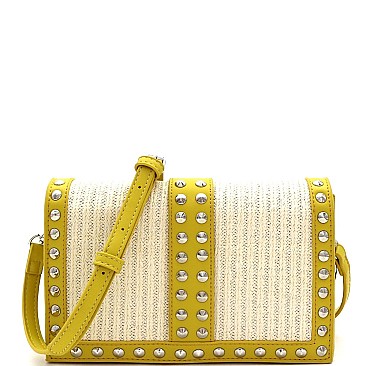 Woven Straw Cone Stud Accent Flap Shoulder Bag