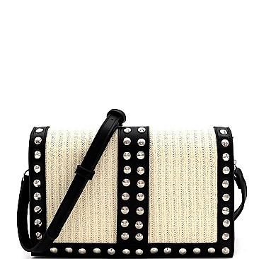 Woven Straw Cone Stud Accent Flap Shoulder Bag