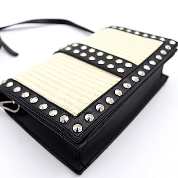 Woven Straw Cone Stud Accent Flap Shoulder Bag