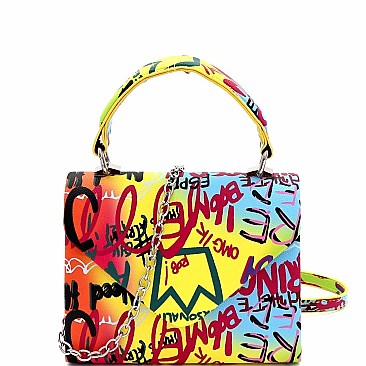 Retro Graffiti Effect Box Flap Satchel Cross Body