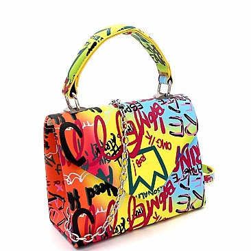 Retro Graffiti Effect Box Flap Satchel Cross Body