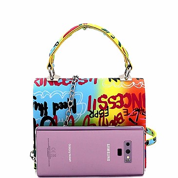 Retro Graffiti Effect Box Flap Satchel Cross Body