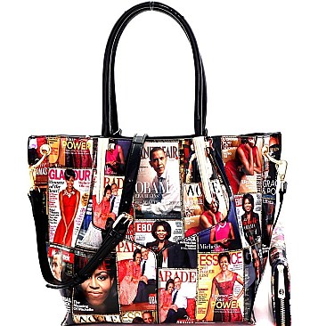 Magazine Obama Print Patent Tote Wallet SET