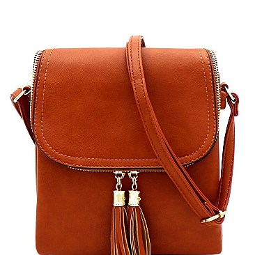 MULTI COMPARTMENT TASSEL ACCENT CROSS BODY BAG