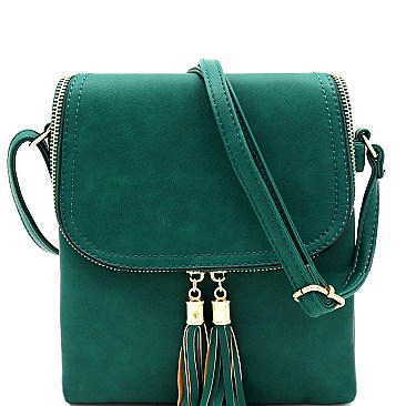 MULTI COMPARTMENT TASSEL ACCENT CROSS BODY BAG