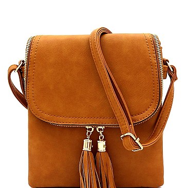 MULTI COMPARTMENT TASSEL ACCENT CROSS BODY BAG