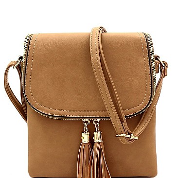 MULTI COMPARTMENT TASSEL ACCENT CROSS BODY BAG