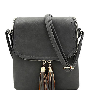 MULTI COMPARTMENT TASSEL ACCENT CROSS BODY BAG
