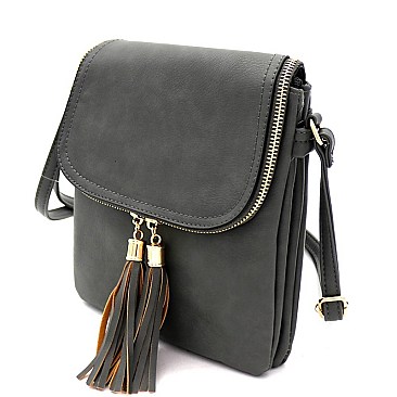 MULTI COMPARTMENT TASSEL ACCENT CROSS BODY BAG