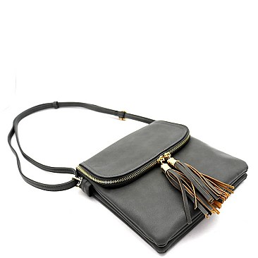 MULTI COMPARTMENT TASSEL ACCENT CROSS BODY BAG