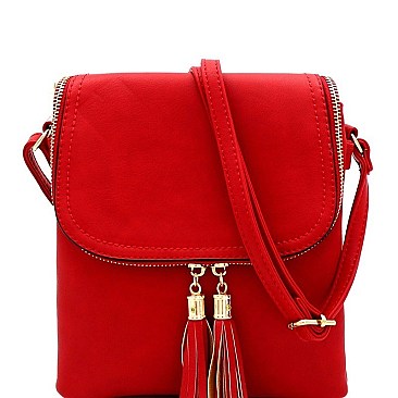 MULTI COMPARTMENT TASSEL ACCENT CROSS BODY BAG