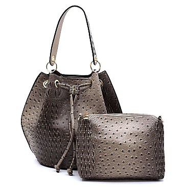 Ostrich Croc Drawstring 2-in-1 Bucket Satchel