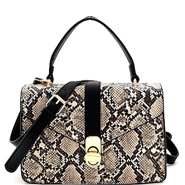 2-Way Snake Print Turn-Lock Accent Satchel