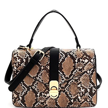 2-Way Snake Print Turn-Lock Accent Satchel