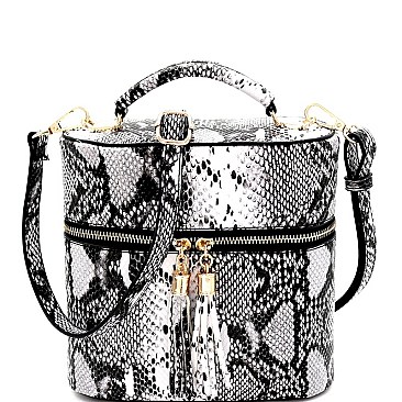 TASSEL ACCENT SNAKE PRINT SATCHEL