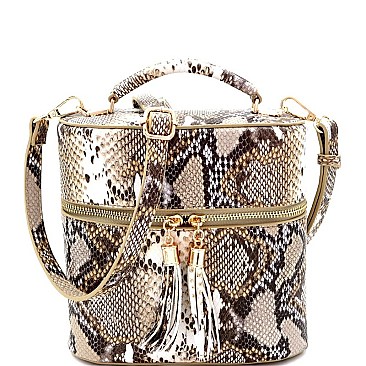 TASSEL ACCENT SNAKE PRINT SATCHEL