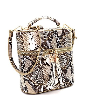 TASSEL ACCENT SNAKE PRINT SATCHEL