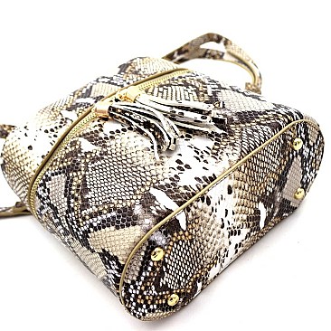 TASSEL ACCENT SNAKE PRINT SATCHEL