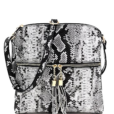Snake Print Multi-Color Tassel Zipper Accent Crossbody Messenger