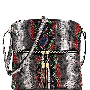 Snake Print Multi-Color Tassel Zipper Accent Crossbody Messenger