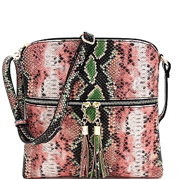 Snake Print Multi-Color Tassel Zipper Accent Crossbody Messenger